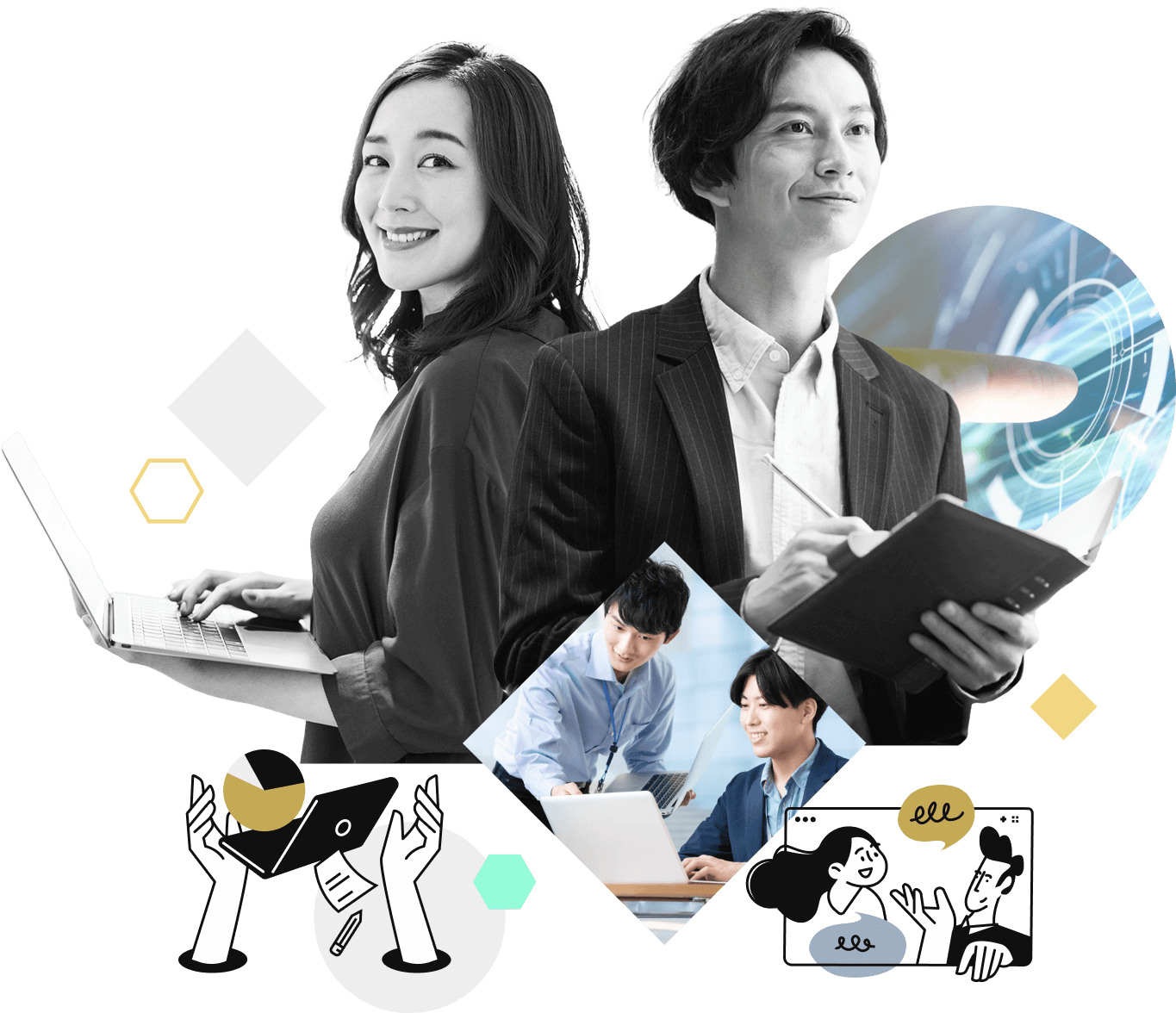 イメージ:パソコンを持つ女性とヒアリングする男性やイラスト